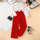 Girls Red Heart Printed Puff Sleeves Top with Pants Set