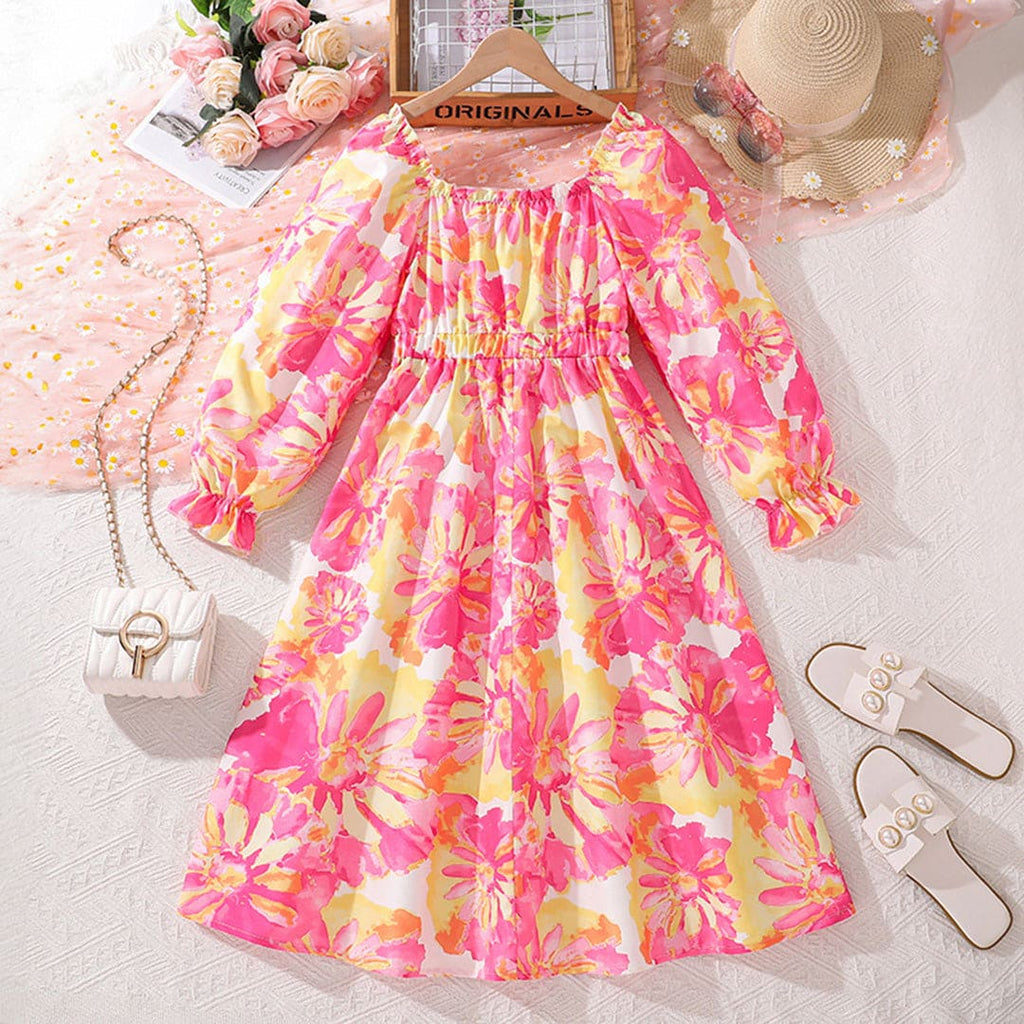 Girls Pink Floral Print Puff Sleeves Fit & Flare Ankle Length Dress Casual Dresses Pink 7-8 Y 