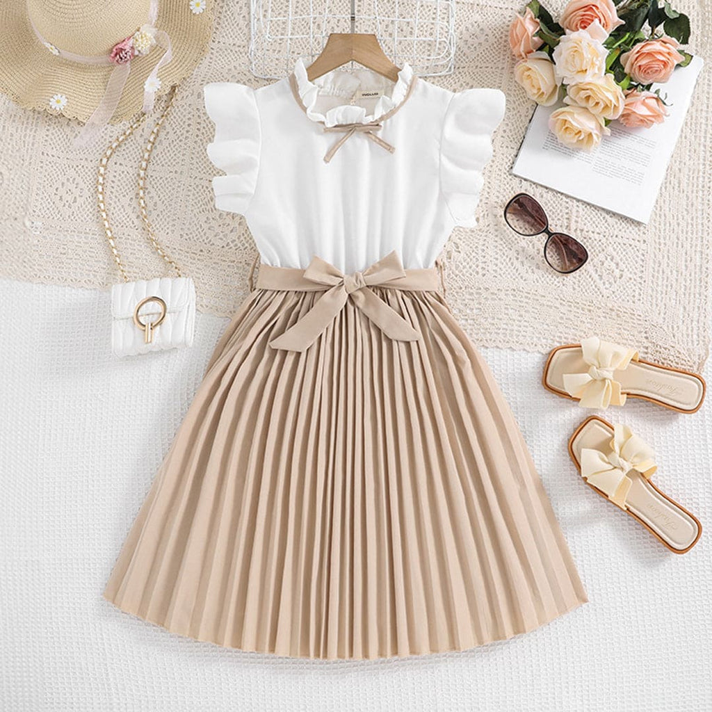 Girls Light Brown Flutter Sleeves with Bow Pleated Casual Dress Casual Dresses Light Brown 7-8 Y 