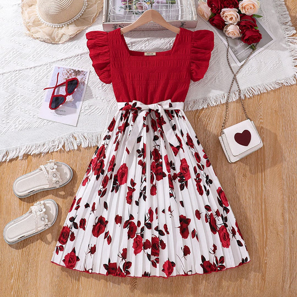 Girls Red Pleated Flared Sleeves Floral Print Fit & Flare Dress Casual Dresses Red 7-8 Y 