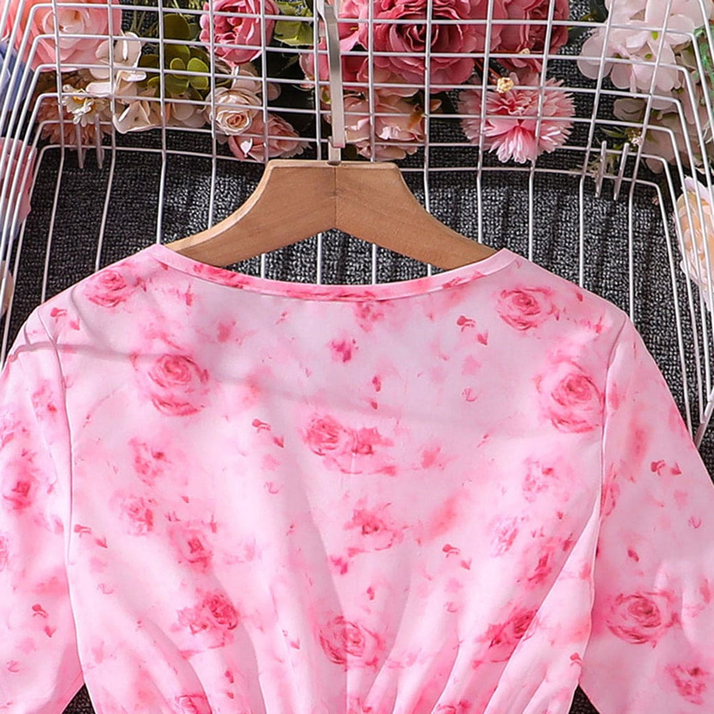 Girls Pink Floral Print Flared Sleeves Fit & Flare Casual Dress Casual Dresses   