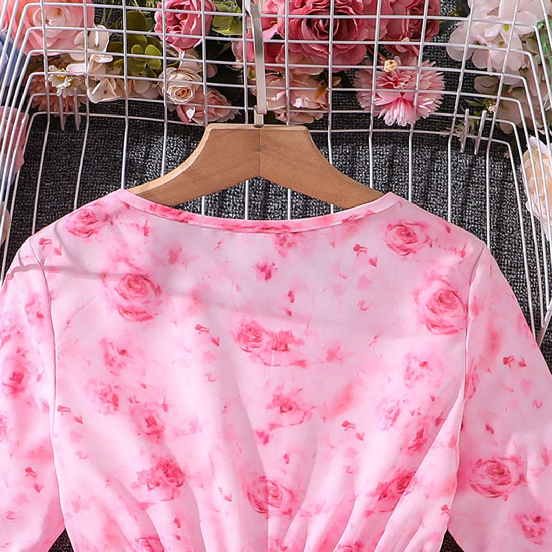 Girls Pink Floral Print Flared Sleeves Fit & Flare Casual Dress Casual Dresses   