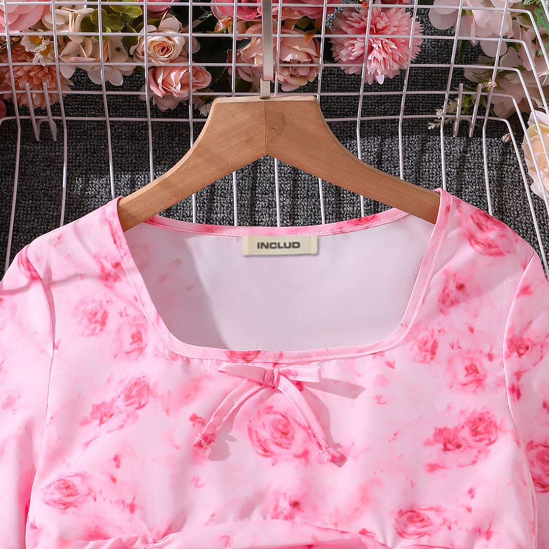 Girls Pink Floral Print Flared Sleeves Fit & Flare Casual Dress Casual Dresses   