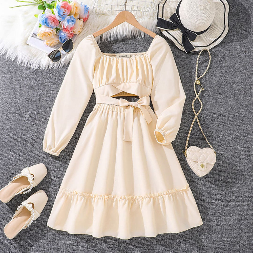 Girls Off White Puff Sleeves Fit and Flare Keyhole Dress Casual Dresses Off White 7-8 Y 