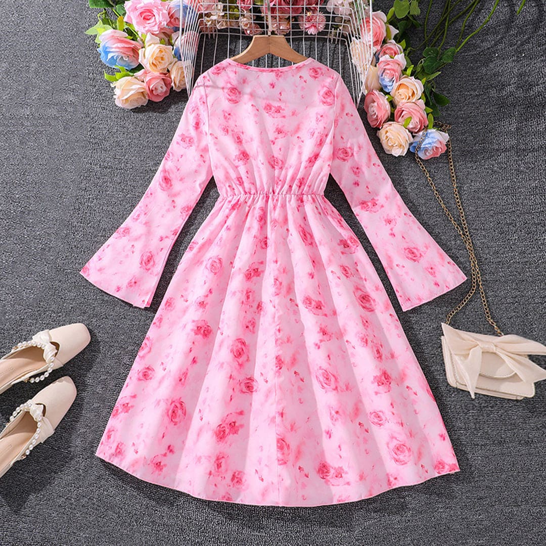 Girls Pink Floral Print Flared Sleeves Fit & Flare Casual Dress Casual Dresses   