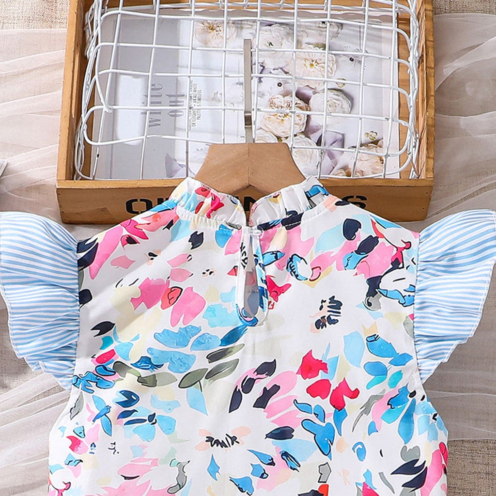 Girls Blue Flutter Sleeves Printed Top with Striped Shorts Sets Sets   