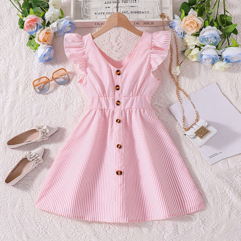 Girls Pink Striped Flutter Sleeves Fit & Flare Dress Casual Dresses Pink 1-2 Y 