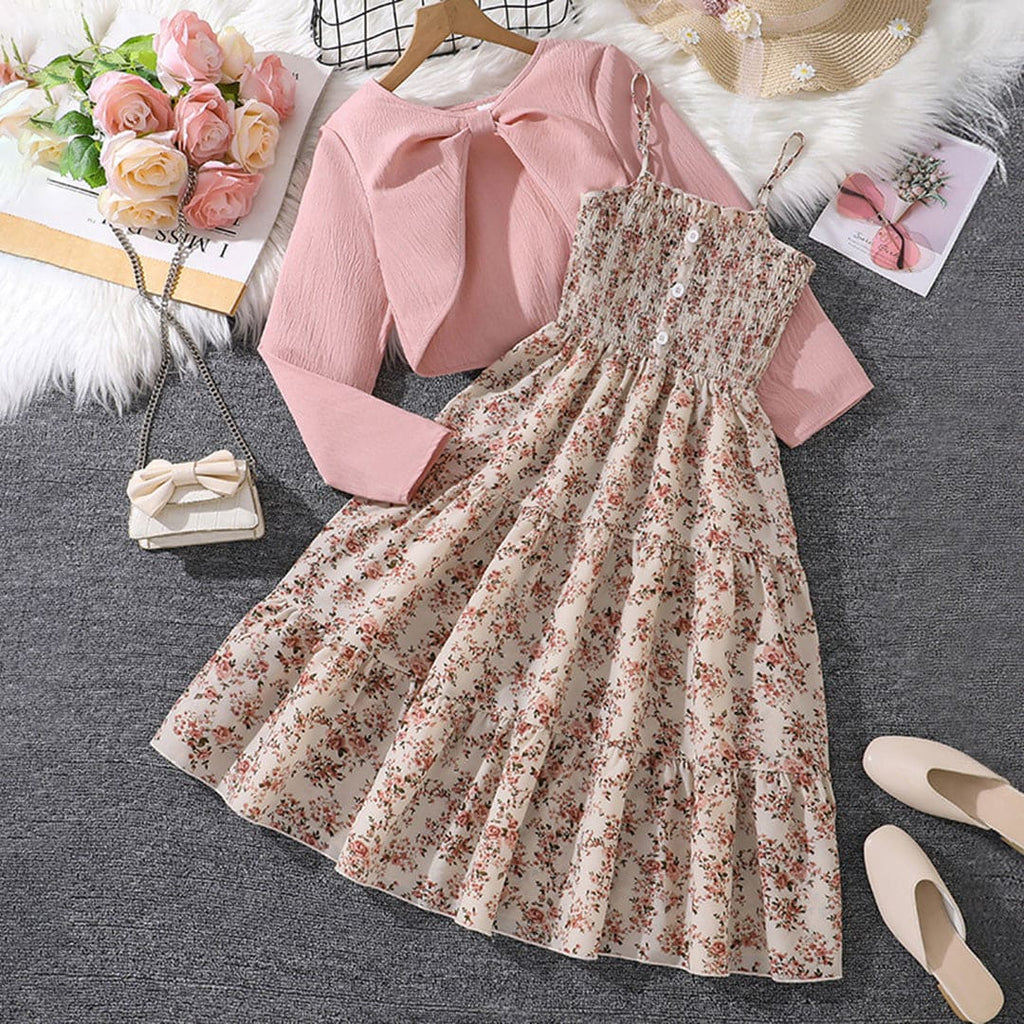 Girls Pink Floral Print Tiered Dress with Full Sleeves Crop Shrug Casual Dresses Pink 7-8 Y 