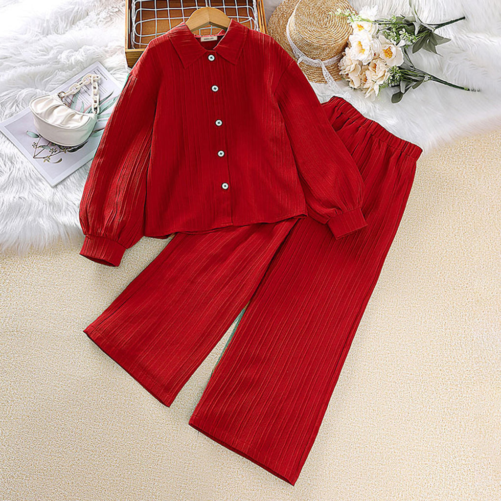 Girls Red Solid Full Sleeves Shirt with Pants Co-ord Set Sets   