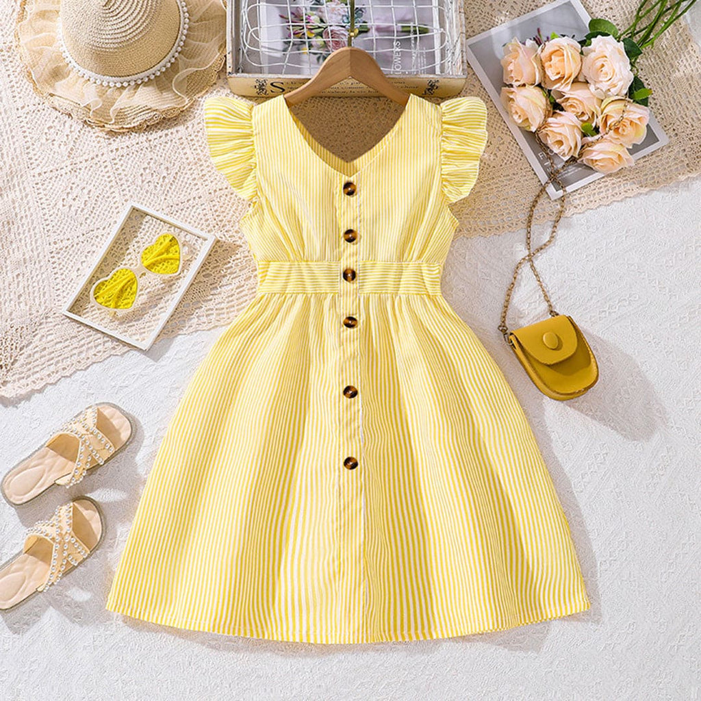 Girls Yellow Striped Flutter Sleeves Fit & Flare Dress Casual Dresses Yellow 1-2 Y 