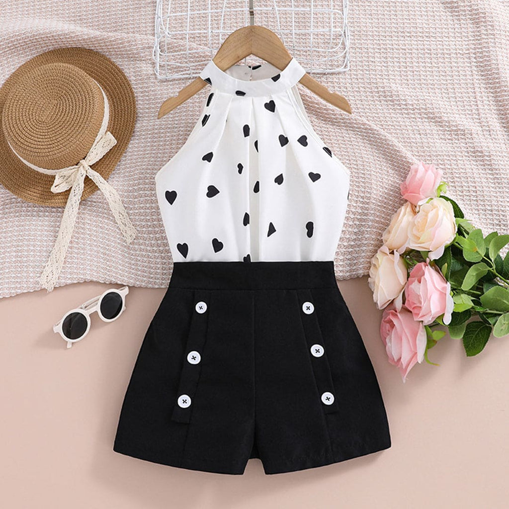 Girls Black Heart Print Halter Neck Top with Shorts Set Sets Black 2-3 Y 