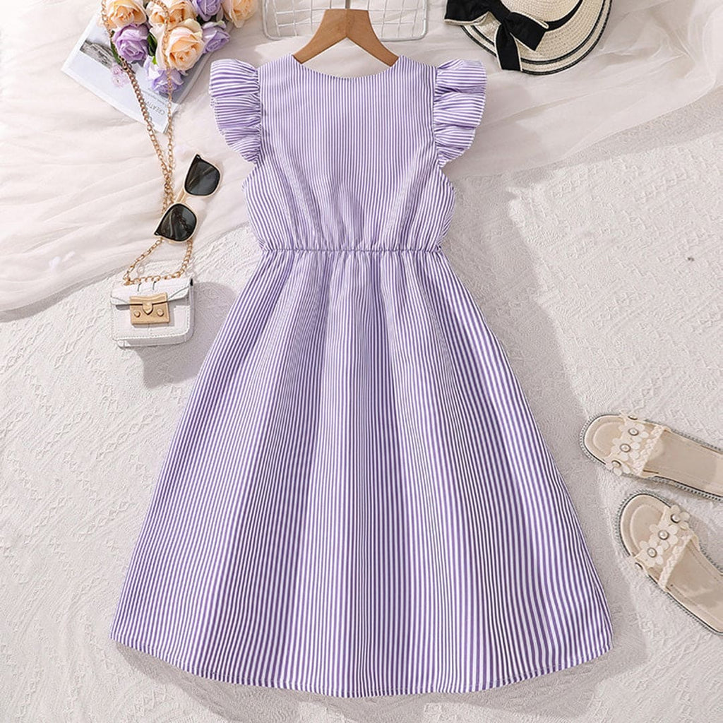 Girls Violet Stripped Short Sleeves Front Buttoned Fit & Flare Dress Casual Dresses Violet 7-8 Y 