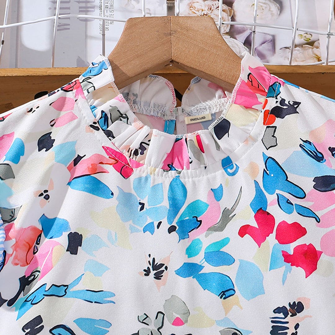 Girls Blue Flutter Sleeves Printed Top with Striped Shorts Sets Sets   