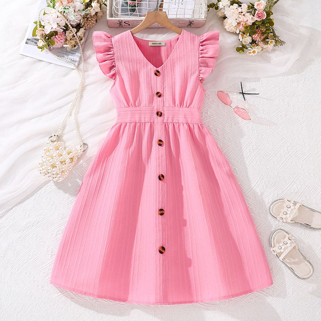 Girls Peach Textured Flared Sleeves Casual Dress Casual Dresses   