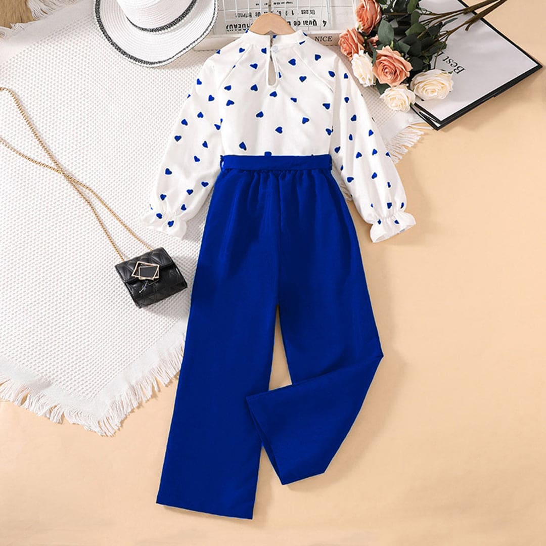 Girls Blue Heart Print Long Sleeves Top with Pants Set Sets   