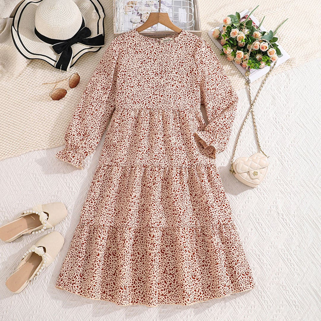 Girls Light Brown Puff Sleeves Tiered Dress Casual Dresses Light Brown 7-8 Y 