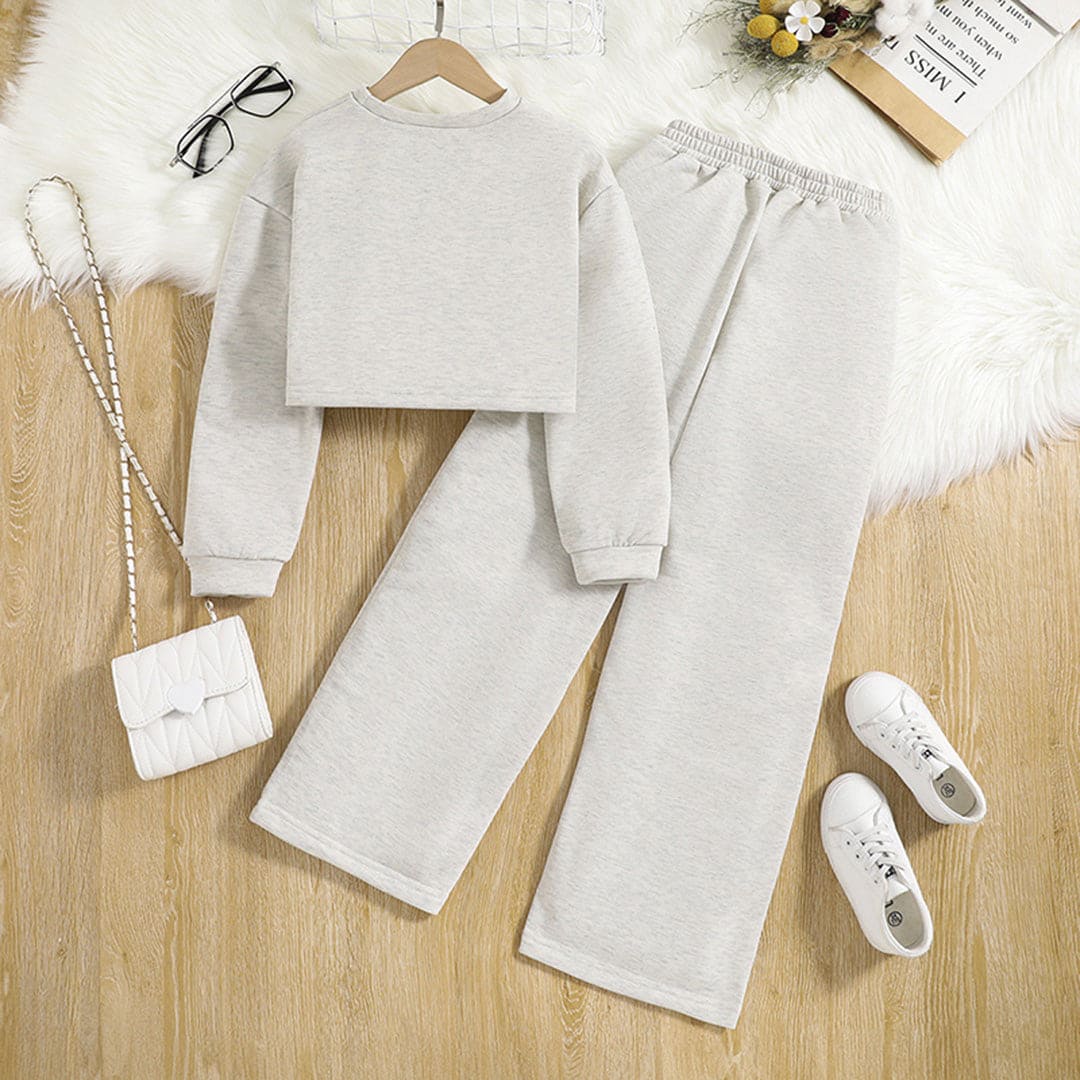Girls Grey Knitted Crop Top with Pants Set Sets   