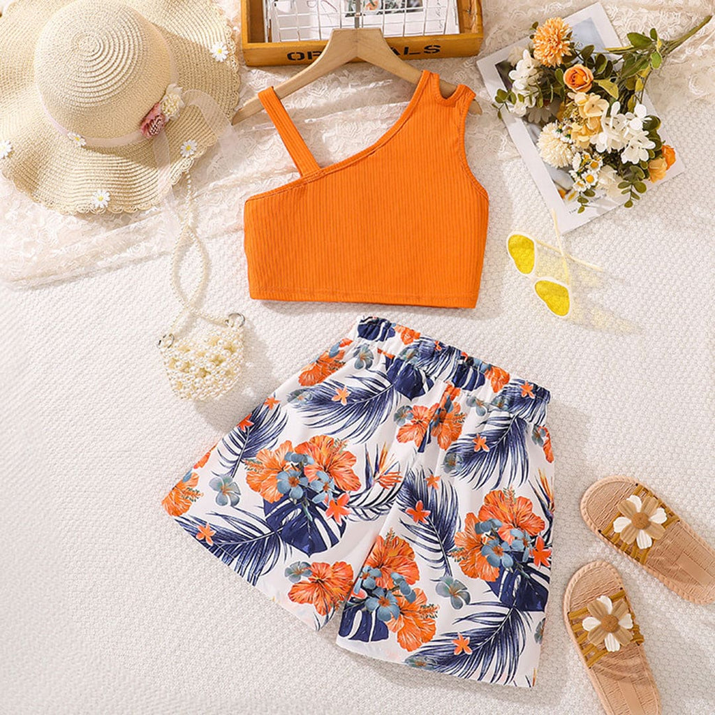 Girls Orange One Shoulder Sleeves Top With Floral Print Shorts Set Sets Orange 7-8 Y 