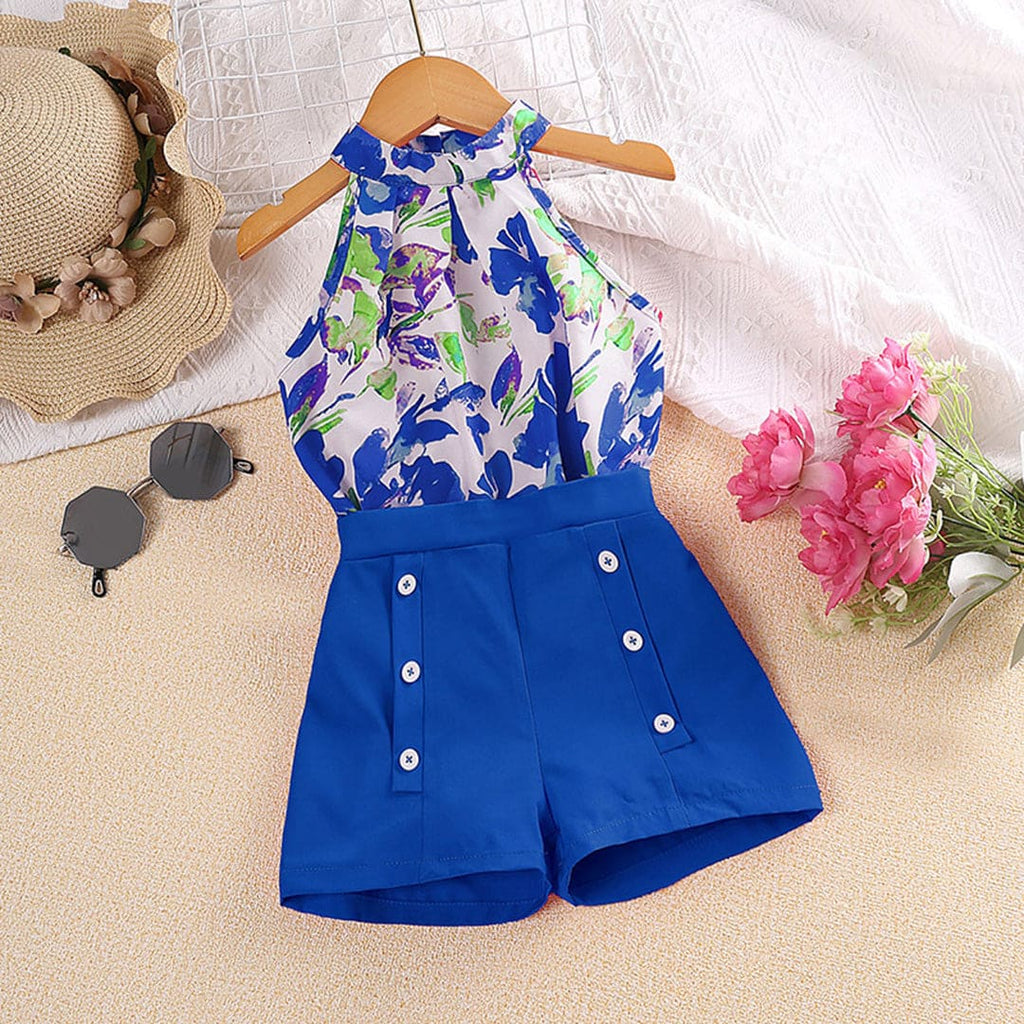 Girls Blue Floral Print Halter Neck Top with Buttoned Shorts Set Sets Blue 2-3 Y 