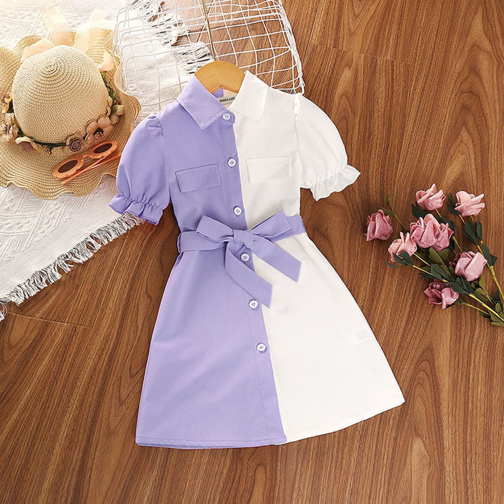 Girls Purple Color Blocked Puff Sleeves Shirt Dress Casual Dresses Purple 2-3 Y 