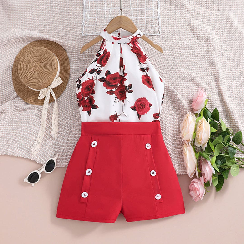 Girls Red Floral Print Halter Neck Top with Shorts Set Sets Red 2-3 Y 