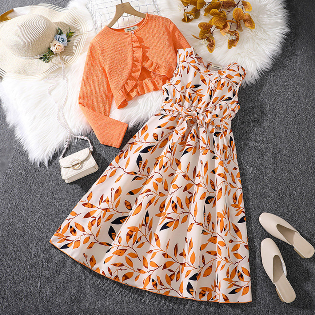 Girls Orange Sleeveless Leaf Print Fit & Flared Casual Dress with Shrug Casual Dresses Orange 7-8 Y 