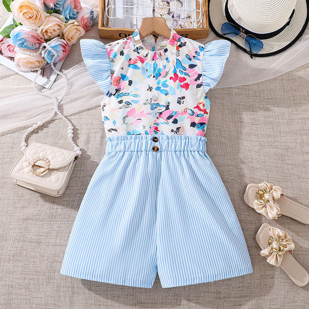 Girls Blue Flutter Sleeves Printed Top with Striped Shorts Sets Sets Sky Blue 7-8 Y 