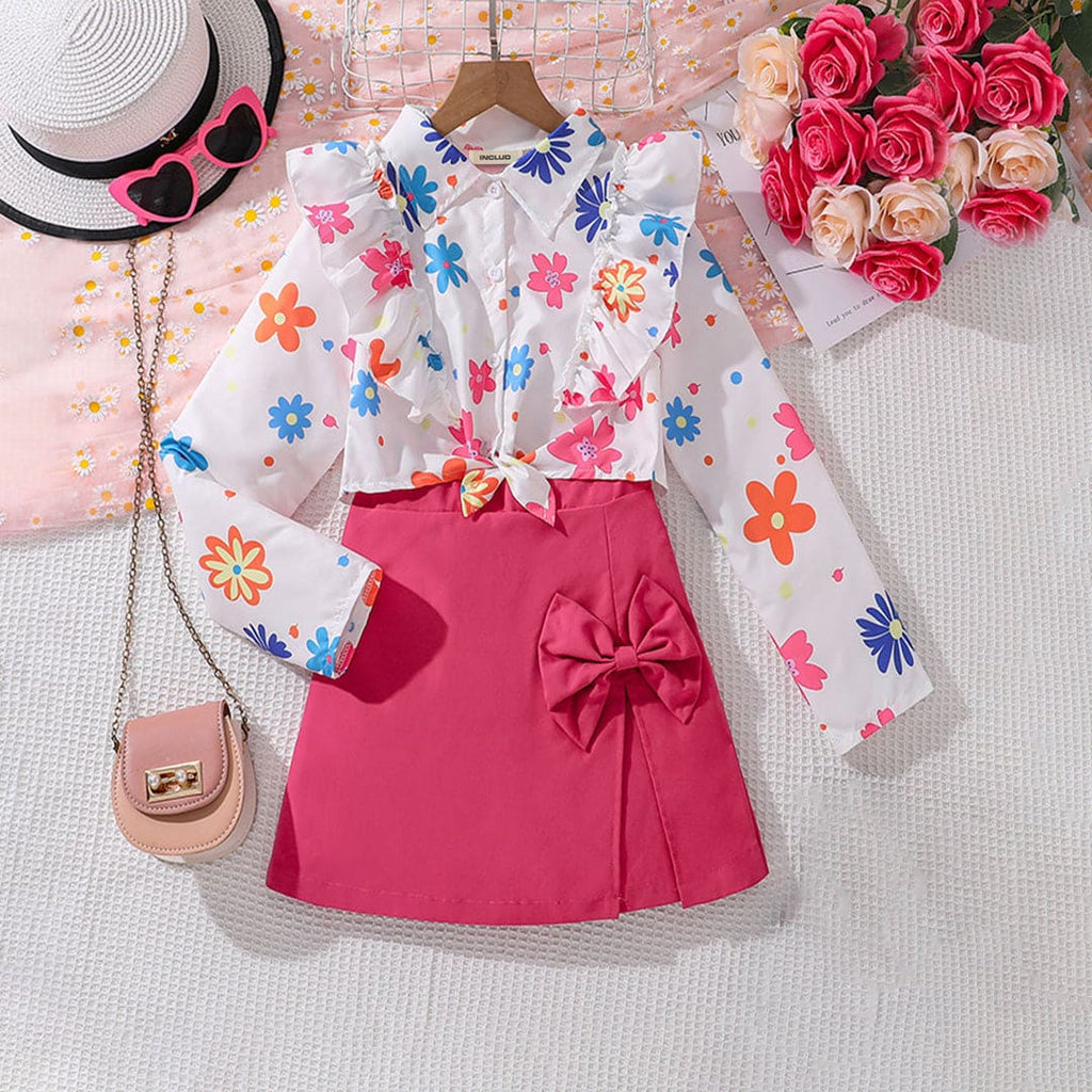 Girls Pink Ruffled Floral Print Shirt with Bow Skorts Set Sets Pink 7-8 Y 