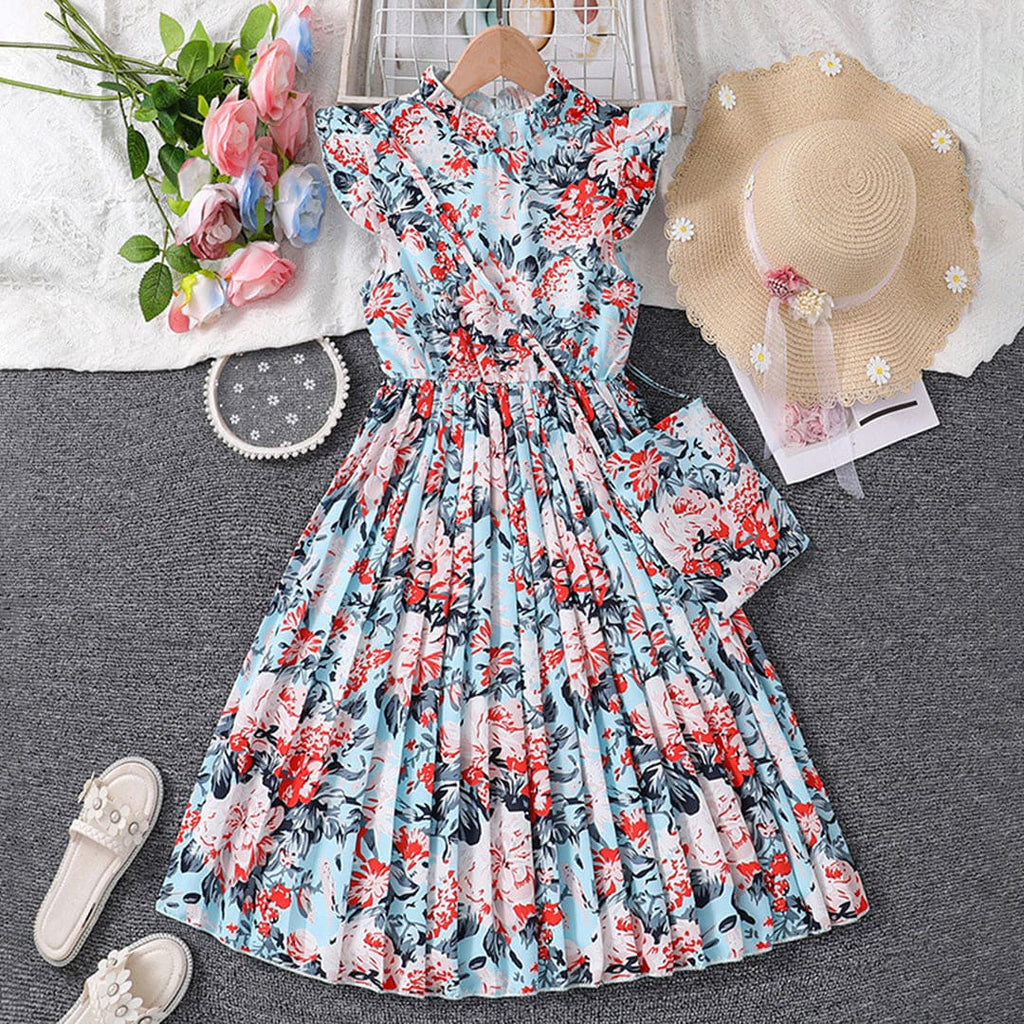 Girls Blue Floral Print Pleated Fit & Flare Dress Casual Dresses Blue 7-8 Y 