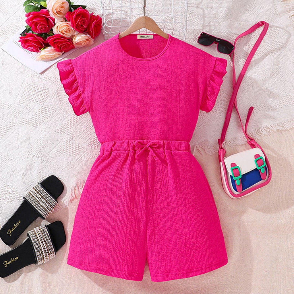 Girls Pink Flutter Sleeves Top with Shorts Set Sets Pink 7-8 Y 