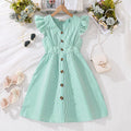 Girls Light Green Stripped Futter Sleeves Fit & Flare Casual Dress Casual Dresses Light Green 7-8 Y