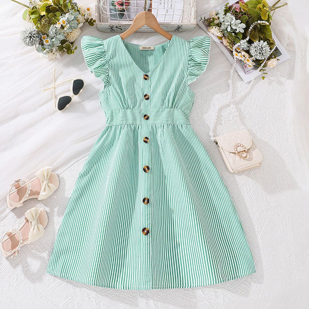 Girls Light Green Stripped Futter Sleeves Fit Flare Casual Dress INCLUD