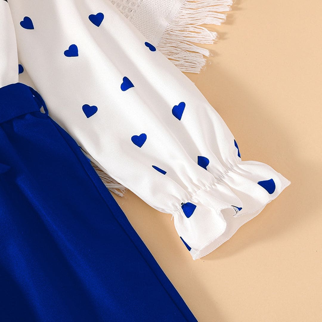Girls Blue Heart Print Long Sleeves Top with Pants Set Sets   