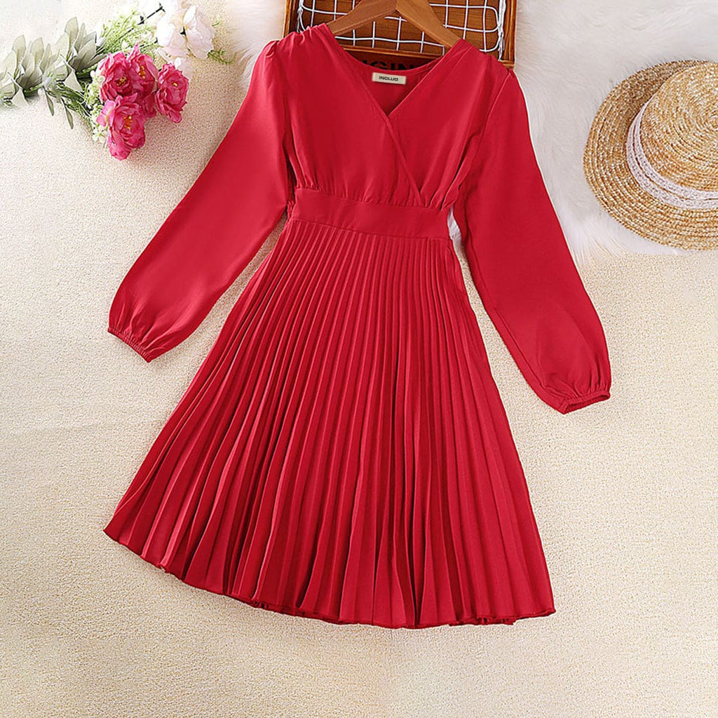 Girls Red Pleated Overlap Neck Puff Sleeves Fit & Flare Dress Casual Dresses Red 7-8 Y 