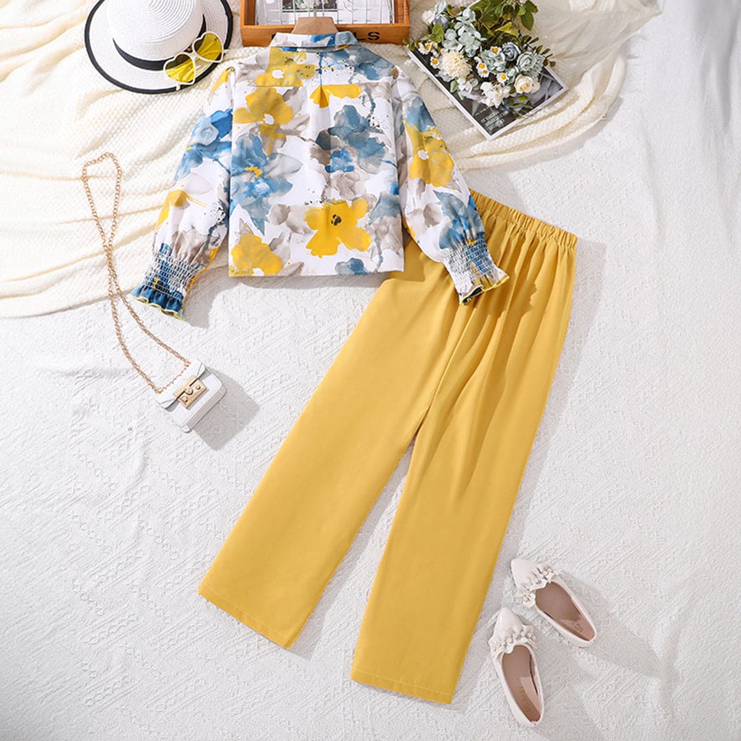Girls Yellow Printed Full Sleeves Shirt with Pants Set Sets   