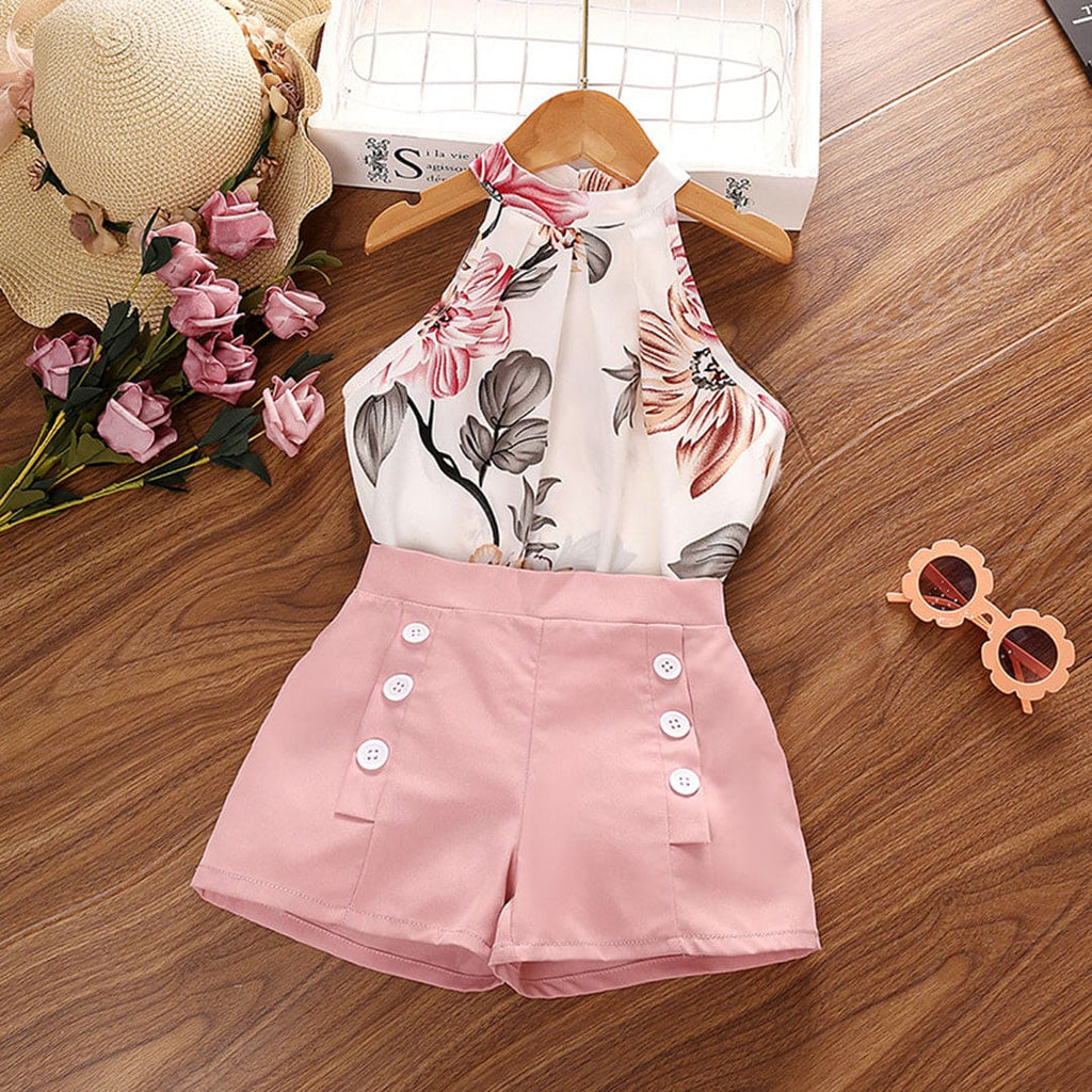 Girls Peach Floral Print Halter Neck Top with Shorts Set Sets Peach 2-3 Y 