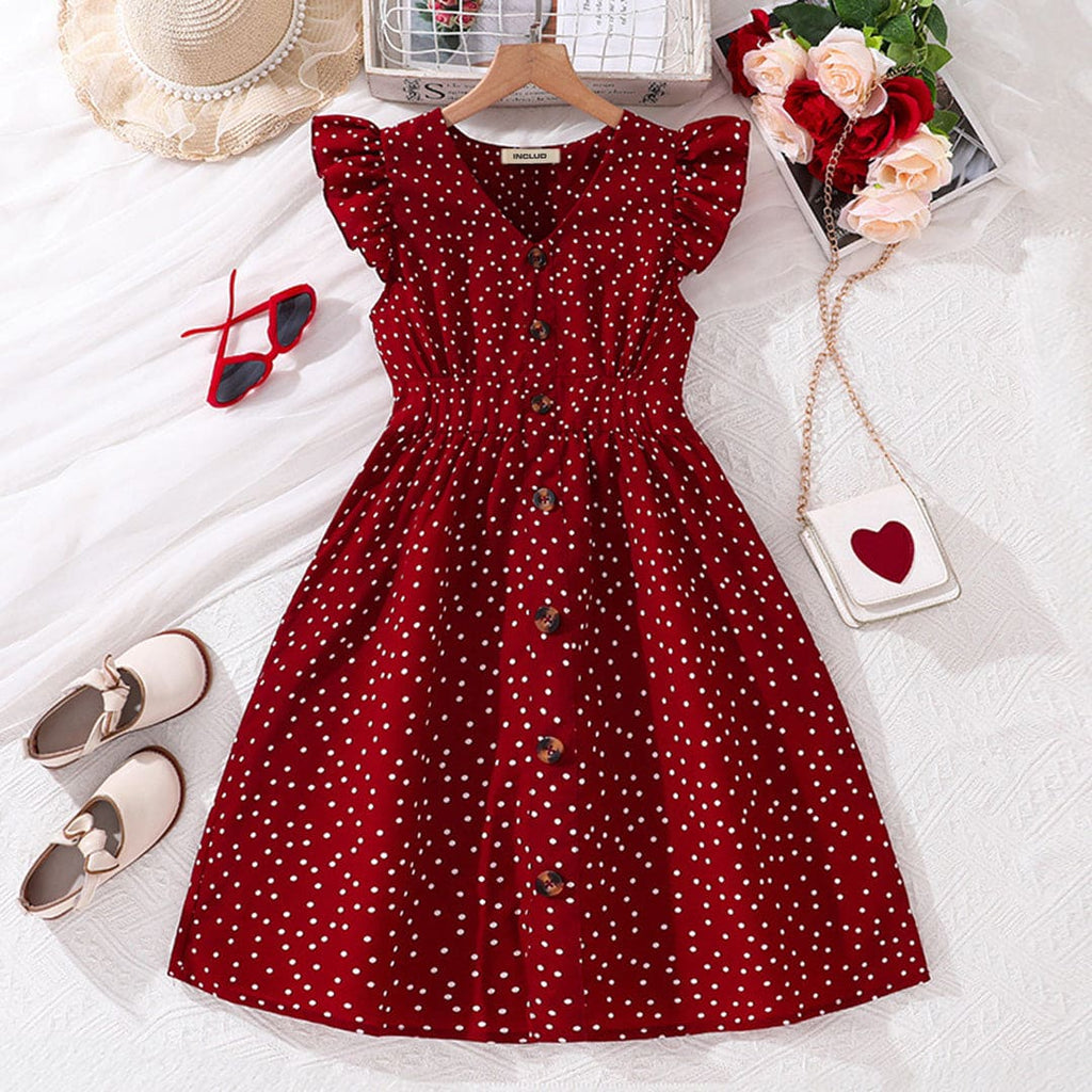 Girls Maroon Polka Dot Print Flutter Sleeves Fit & Flare Dress Casual Dresses   