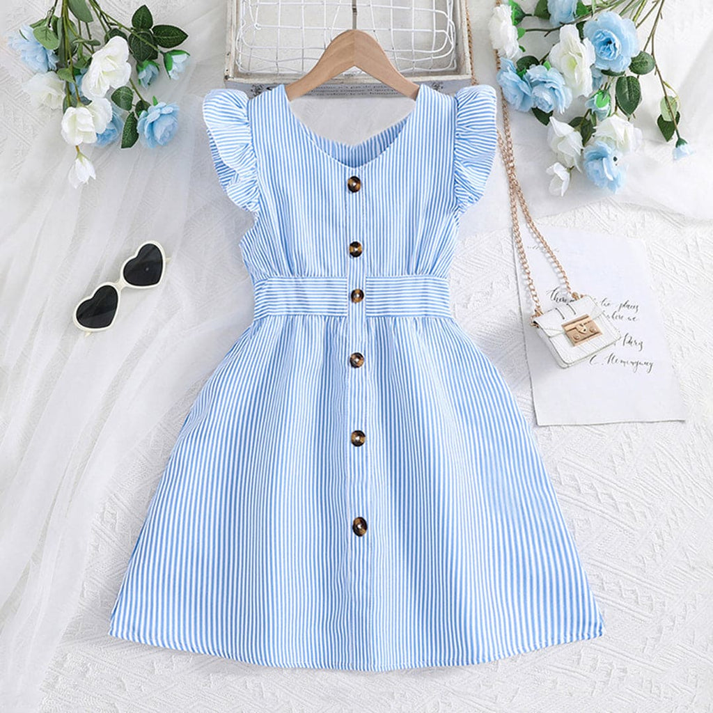 Girls Sky Blue Striped Flutter Sleeves Fit & Flare Dress Casual Dresses Sky Blue 1-2 Y 