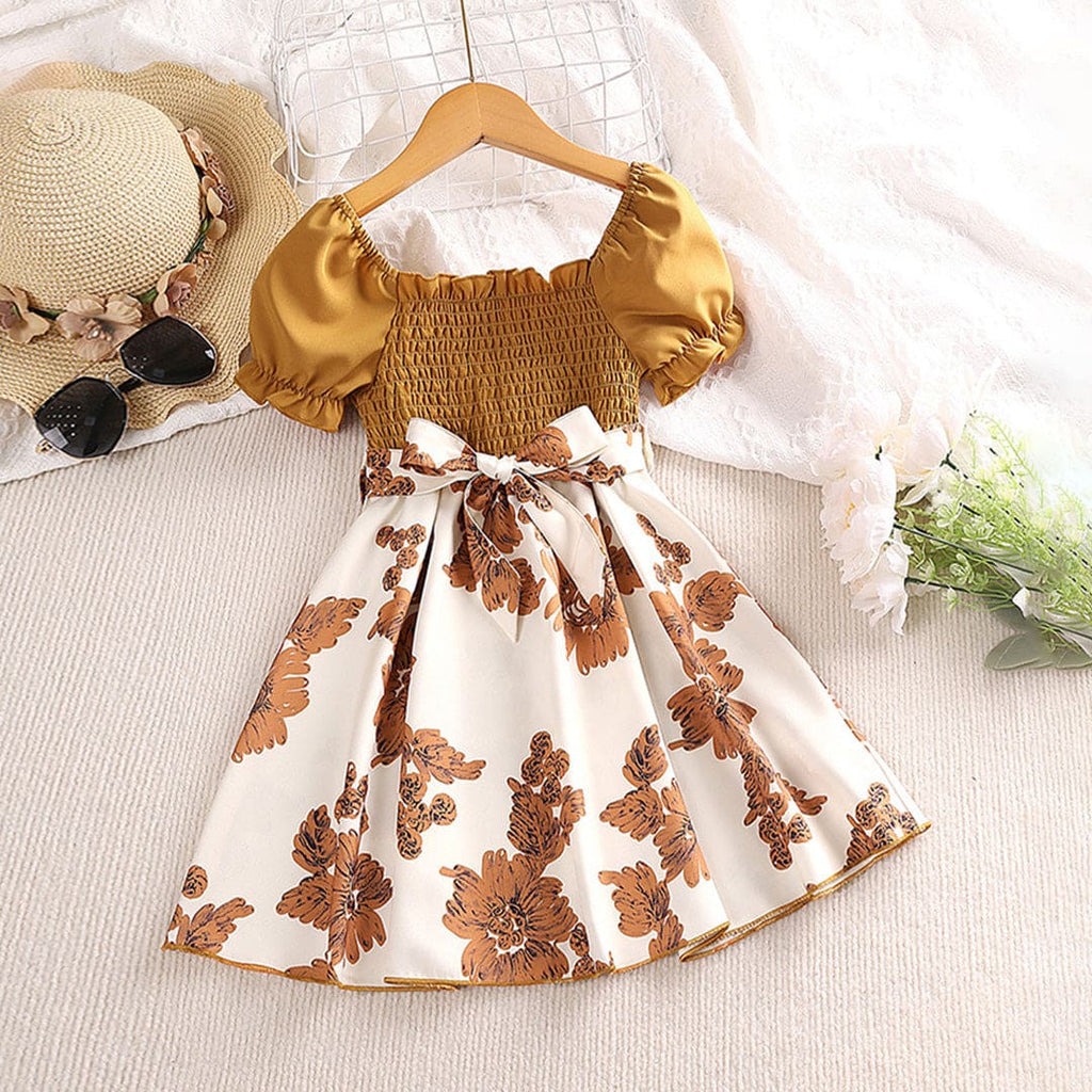 Girls Golden Smocked Floral Print Puff Sleeves Fit & Flare Dress Casual Dresses Golden 2-3 Y 