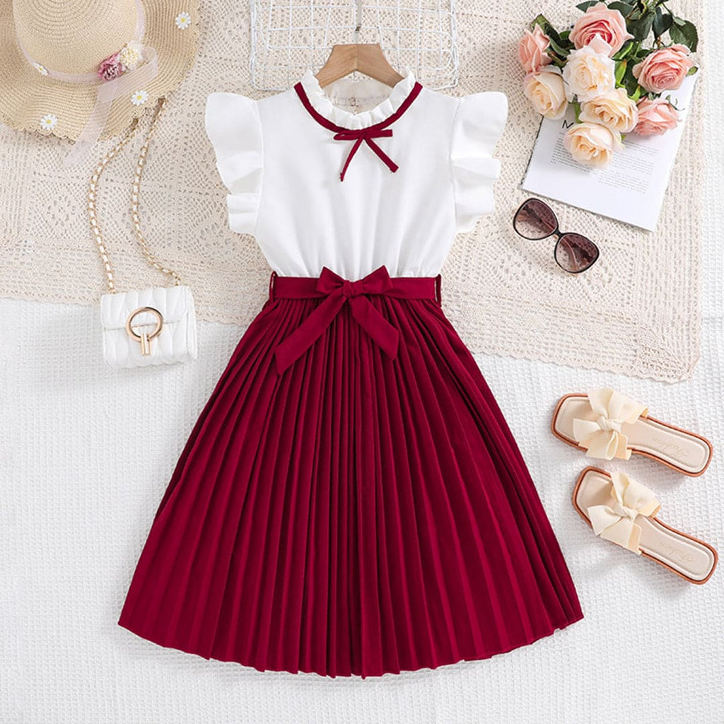 Girls Red Flutter Sleeves with Bow Pleated Casual Dress Casual Dresses Red 7-8 Y 