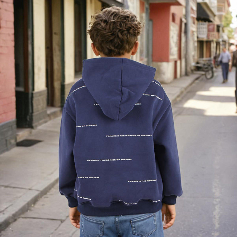 Boys Navy Hooded Printed Warm Sweatshirt Sweatshirts & Hoodies   