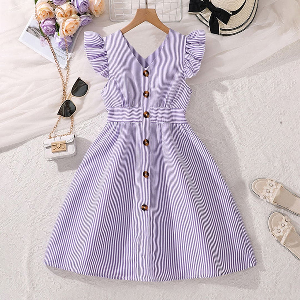 Girls Violet Striped Flutter Sleeves Fit & Flare Dress Casual Dresses Violet 1-2 Y 