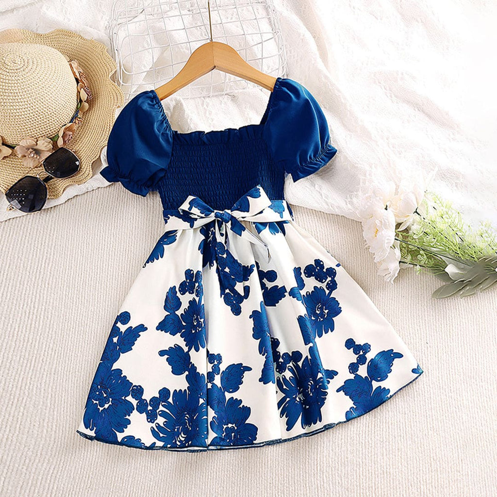 Girls Blue Smocked Floral Print Puff Sleeves Fit & Flare Dress Casual Dresses Blue 2-3 Y 