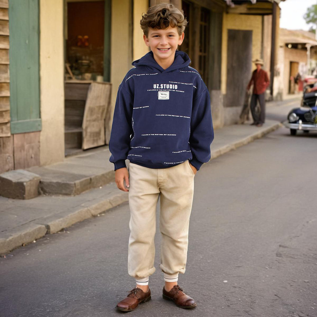 Boys Navy Hooded Printed Warm Sweatshirt Sweatshirts & Hoodies Navy 9-10 Y 