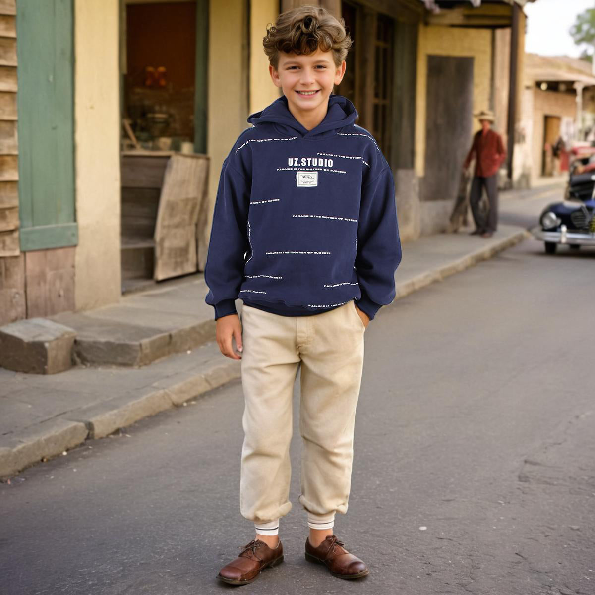 Boys Navy Hooded Printed Warm Sweatshirt Sweatshirts & Hoodies Navy 9-10 Y 