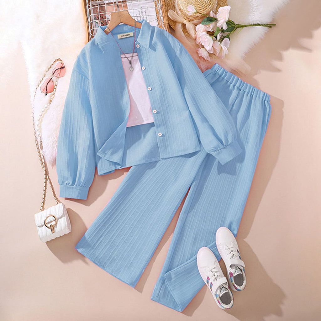 Girls Sky Blue Full Sleeves Shirt with Solid Pants Co-ord Set Sets Sky Blue 7-8 Y 