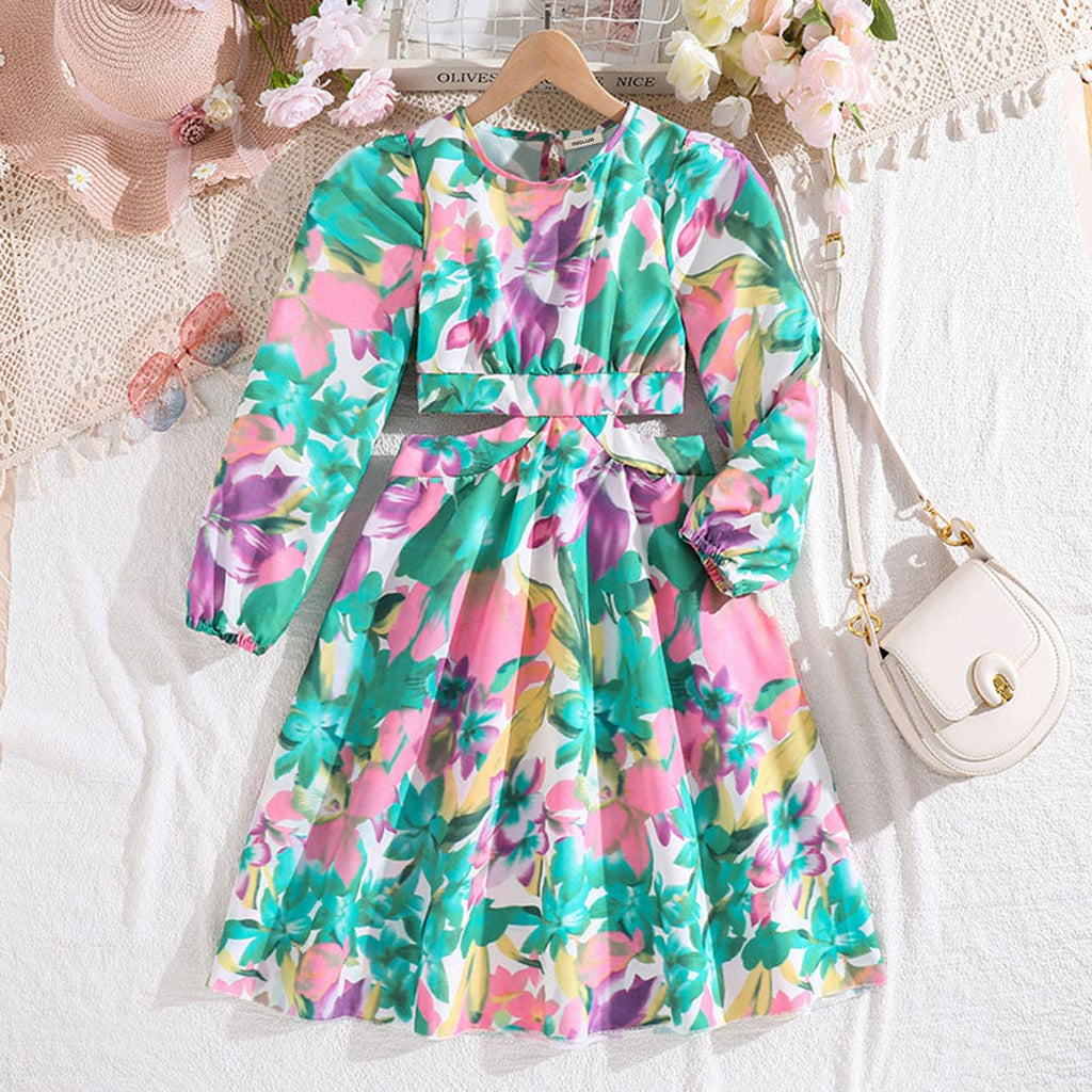 Girls Multicolor Printed Waist Keyhole Fit & Flare Dress Casual Dresses Multicolor 7-8 Y 