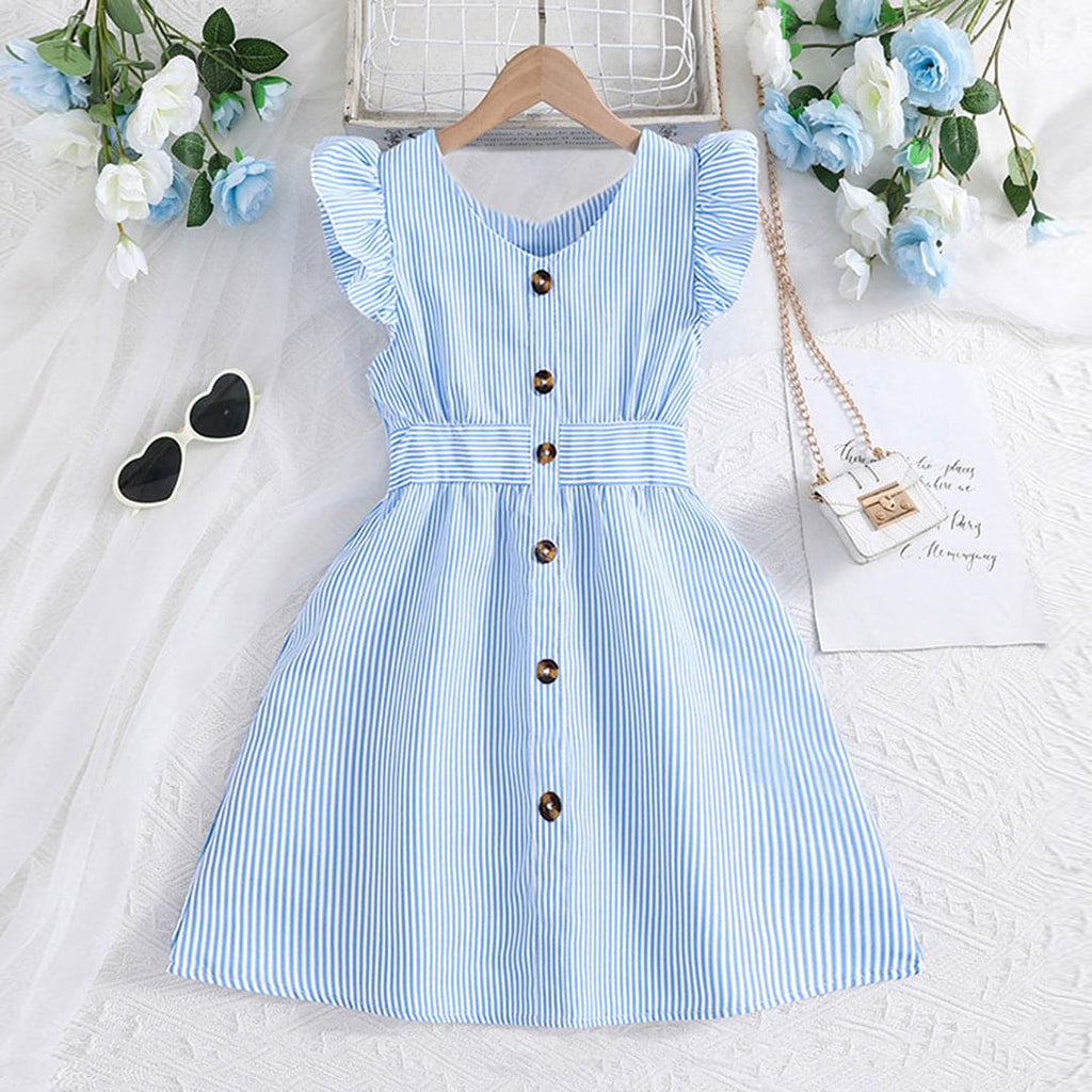 Girls Sky Blue Striped Flutter Sleeves Fit & Flare Casual Dresses Sky Blue 7-8 Y 