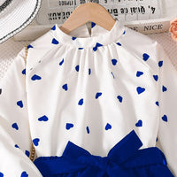 Girls Blue Heart Print Long Sleeves Top with Pants Set Sets   