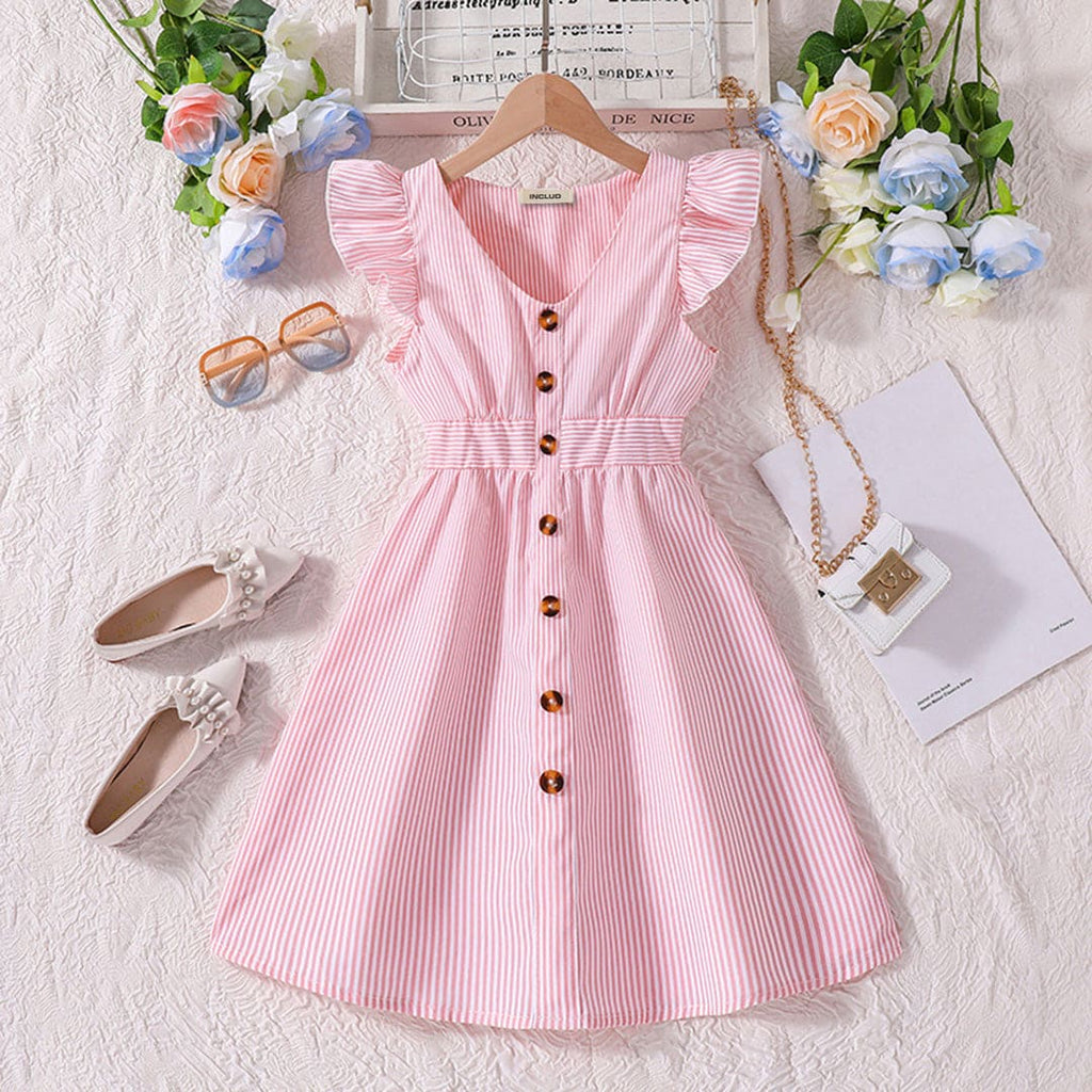 Girls Pink Striped Flutter Sleeves Front Buttoned Fit & Flare Dress Casual Dresses Pink 7-8 Y 